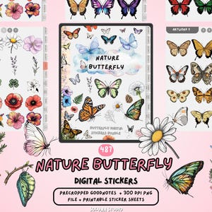 Pacchetto di adesivi digitali "Farfalla della Natura" / 487 adesivi PNG acquerellati pretagliati per GoodNotes, planner digitali, journaling e scrapbooking