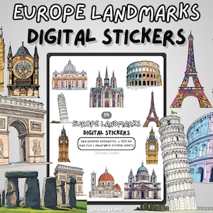 Europe Landmarks Digital Stickers | Travel Journal, GoodNotes (54 PNG)