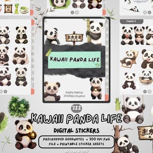 Pacote de Adesivos Digitais Kawaii de Panda Fofo | 322 Adesivos PNG Aquarela Pré-Cortados para GoodNotes, Planners, Diários e Scrapbooking