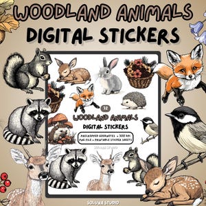 Woodland Animals Digital Sticker Pack | 46 Pre-Cropped PNG Stickers for GoodNotes Journaling Scrapbooking & Printable Nature-Themed Projects