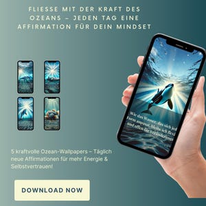 Könnte beinhalten: Fünf Handy-Hintergründe mit Ozeanszenen und Affirmationen. Die Affirmationen handeln davon, flexibel und offen für Veränderungen zu sein, wie Wasser. Der Text auf dem Telefonbildschirm lautet: "Wie das Wasser, das sich jed Form anpasst, bleibe ich flexi und offen für Veränderunge".
