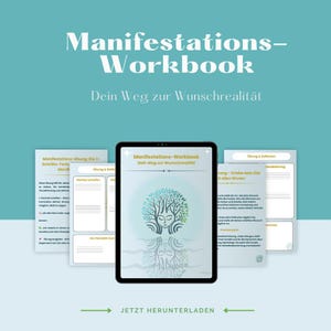 Può includere: Un download digitale per un workbook di manifestazione con una copertina blu e verde che presenta un albero con il viso di una donna al centro. Il testo sulla copertina recita "Manifestations-Workbook Dein Weg zur Wunschrealität" e "JETZT HERUNTERLADEN".