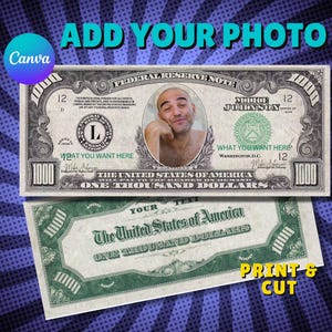 Modelo de nota de 1000 dólares, modelo de nota de dólar personalizado, imagem em dólar, nota de dólar personalizada, nota de dólar editável, seu rosto em dinheiro