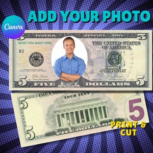 May include: A printable template for a five dollar bill with a space to add a photo. The template includes the words "ADD YOUR PHOTO", "WHAT YOU WANT HERE", "YOUR TEXT", and "PRINT & CUT".