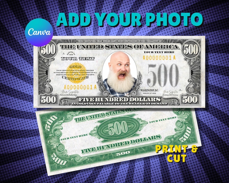 Personalized Dollar Bill Template Bundle: Custom Photo Money (digital