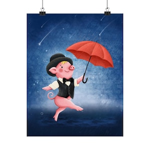 Charming and Cutest Pig  Dancing in the rain, Art Print, Whimsical Pig Poster, Wall Decor for Kids, Nursery Room Art, Gift for Animal Lovers