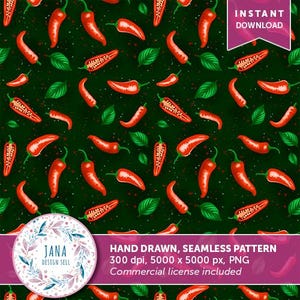 Hot Chilli Peppers Seamless Fabric Pattern | Spicy Red Peppers Digital Print | Instant Download for Sewing, Quilting, Kitchen Decor  Crafts