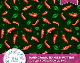 Hot Chilli Peppers Seamless Fabric Pattern | Spicy Red Peppers Digital Print | Instant Download for Sewing, Quilting, Kitchen Decor  Crafts