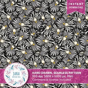 May include: Black and white seamless pattern featuring stylized pansy flowers. The pattern is hand-drawn and perfect for digital printing.  300 dpi, 5000 x 5000 px, PNG. Commercial license included.