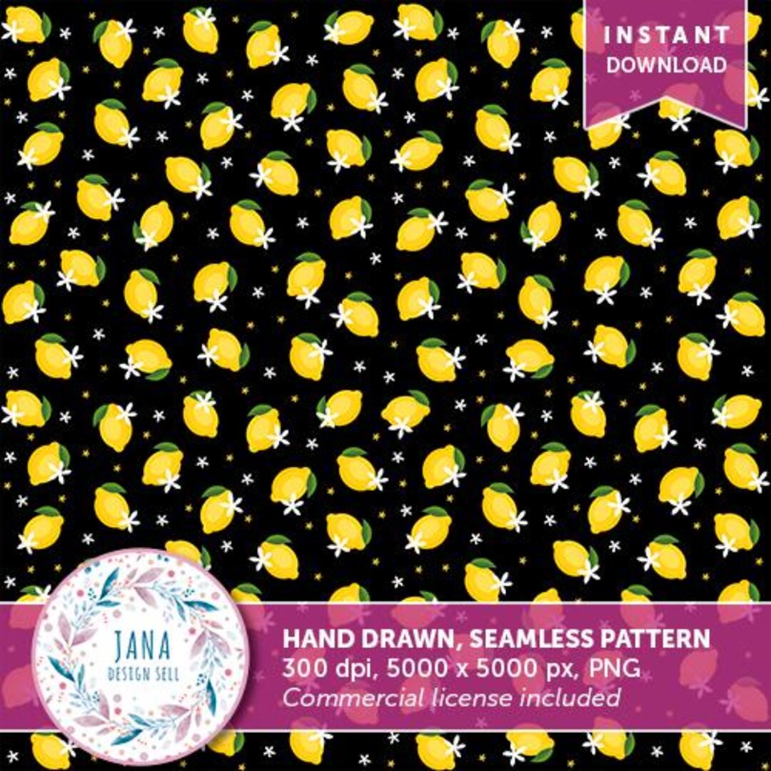 Citrus Lemon With Flowers Seamless Fabric Pattern | Black Background ...