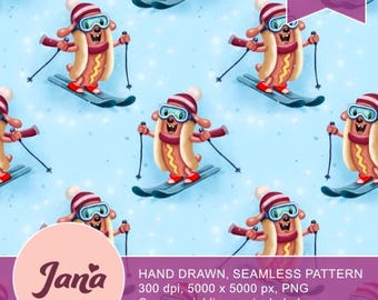 Cute winter hotdog on ski Seamless Pattern Design | Digital Download for Fabric Printing | Hotdog Print | Sewing Pattern | Instant Download