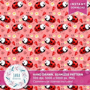 Pode incluir: Um padrão sem costura com joaninhas vermelhas com manchas pretas e olhos brancos sobre um fundo rosa com corações vermelhos e flores brancas. O padrão é de 5000 x 5000 pixels e 300 dpi.