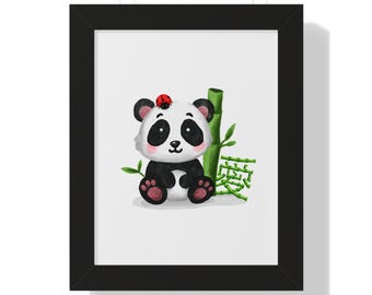 Cute Panda with bamboo and ladybug Framed Vertical Poster, Nursery Decor, Animal Wall Art, Children's Room Decoration, Gift for Panda Lovers