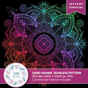 Könnte beinhalten: Handgezeichnetes Mandala-Muster mit nahtlosem Design. Das Kunstwerk zeigt einen Farbverlauf aus Rot, Pink, Lila, Blau und Grün auf schwarzem Hintergrund. Das Bild enthält den Text "SOFORT-DOWNLOAD" und "JANA DESIGN SELL".