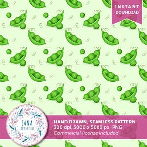 May include: A repeating pattern of green pea pods and peas on a pale green backdrop. The design includes the text "Instant Download" and "Hand Drawn, Seamless Pattern". The image is a digital download.