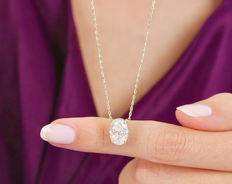 2.50 Carat Oval Cut Moissanite Solitaire Necklace – 925K Sterling Silver & 14K Gold – D Color VVS1 – GRA Certified
