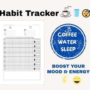 May include: A white habit tracker with the words "Habit Tracker" in black. The tracker includes sections for coffee, water, and sleep, with a blue circle that says "Coffee Water Sleep". The text "Boost Your Mood & Energy!" is also included.