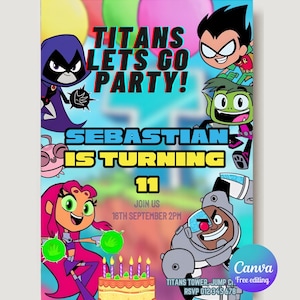 Modello modificabile per invito di compleanno Teen Titans Day, invito digitale per festa, stampabile e scaricabile immediatamente, cartone animato supereroe per bambini.