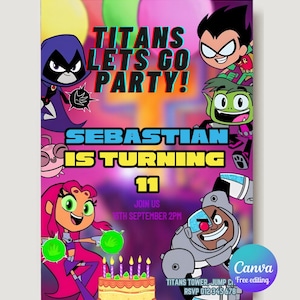Teen Titans Night verjaardagsuitnodiging bewerkbare sjabloon Digitale uitnodiging voor feest aangepaste afdrukbare Instant Download kinderen superheld tekenfilm