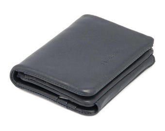 Cartera de cuero azul marino para hombre: elegante, minimalista, tarjetero, bolsillo para efectivo, regalo, billetera de cuero genuino