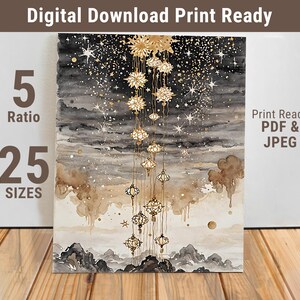 Arte mural japonés de linterna celestial, póster colgante de luces de estrellas, decoración cósmica imprimible para meditación y espacios zen - 305-FDS