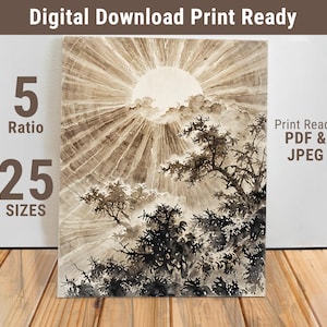 Golden Sunrise Forest Wall Art - Vintage Nature Scene with Radiating Light Beams - Serene Tree Landscape Poster Download - 431-FDS