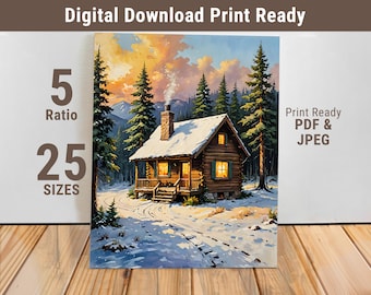 Winter Cabin Wall Art, Snowy Mountain Landscape Print, Cozy Holiday ...