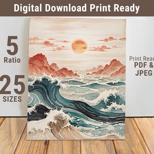 Ocean Wave Wall Art Poster - Red Sunset Coastal Print - Japanese Style Sea Painting - Digital Landscape Decor - 347-FDS