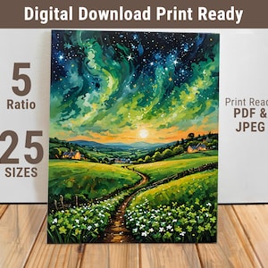 Verträumter Sternenhimmel Landschaft, Wandbild, Grüne Felder Nachtszene, Landschaft Fantasy Dekor, Digital Download Poster