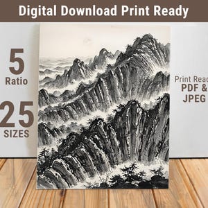 Decorazione murale con paesaggio montano in inchiostro nero - Decorazione stampabile in stile asiatico monocromatico - Poster in stile pittura a pennello zen per casa e ufficio - 378-FDS