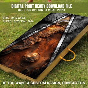 May include: A wooden cornhole board with a wood grain and black and silver geometric design. The board is 24.5 inches by 48.5 inches and has a 0.25 inch bleed on each side.  "DIGITAL PRINT READY DOWNLOAD FILE" and "BEST FOR UV PRINT & WRAP PRINT" are printed at the top of the image.  "IF YOU WANT A CUSTOM DESIGN, CONTACT US" is printed at the bottom of the image.