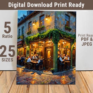 Quadro murale con scena di strada di una taverna europea - Dipinto stampabile di un pub accogliente - Decorazione da bar vintage - Stampa digitale di un caffè di una notte calda