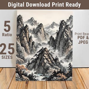 Arte mural de paisaje montañoso - Póster de niebla de montaña de estilo asiático - Impresionante escena de bosque con tinta - Decoración de naturaleza serena - 407-FDS