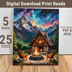 Berghütte Wandbild mit Feuerstelle, Sternennacht Landschaftsdruck, Digitales Natur Poster, Gemütlicher A-Rahmen Kamin Art für Wohnkultur