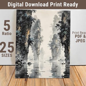 Mystic River Valley kunst aan de muur - Aziatische landschap inkt poster - rustige natuur schilderij - zen waterval print - 421-FDS