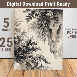 Zen Floral Klippe Wand Kunst - Gelassene chinesische Tusche Landschaft - Ruhige Natur Poster - Botanisches minimalistisches Dekor - 439-FDS