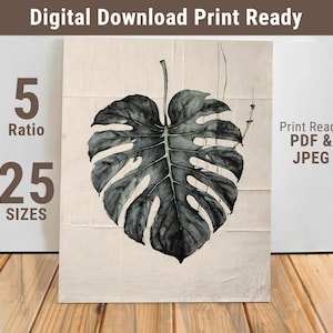 Monstera Leaf Wall Art Printable - Minimal Green Botanical Poster - Tropical Plant Print - Digital Download Jungle Decor - 354-FDS