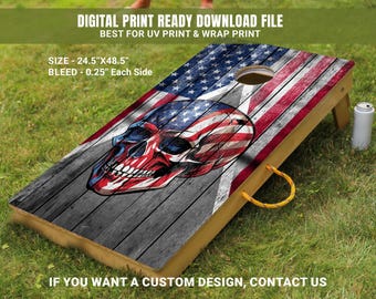 Adesivo de tabuleiro de cornhole com caveira e bandeira americana - Skins patrióticas de cornhole - Envoltório de cornhole personalizado - Presente ousado para jogo de cornhole - 233-FDS