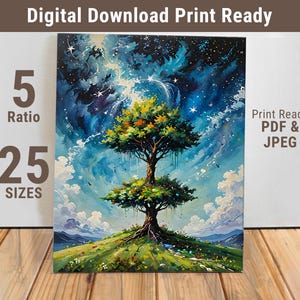 Himmlischer Baum Wand Kunst Druck, mystischer Baum des Lebens Poster, Sternenhimmel Natur Landschaft, digitaler Download für Wohnkultur