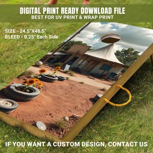 Puede incluir: Un tablero de juego de cornhole de madera con una imagen impresa de un edificio con un techo blanco y un cielo azul. El tablero está sentado en hierba verde. El texto "DIGITAL PRINT READY DOWNLOAD FILE" y "BEST FOR UV PRINT & WRAP PRINT" está impreso en el tablero. El texto "SIZE - 24.5"X48.5"" y "BLEED - 0.25" Each Side" también está impreso en el tablero. El texto "IF YOU WANT A CUSTOM DESIGN, CONTACT US" está impreso en la parte inferior del tablero.