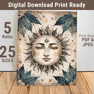 Mystical Sun Face Wall Art Print - Celestial Boho Poster - Spiritual Cosmic Decor - Astrology Digital Download - 336-FDS