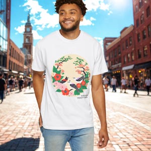 Japanese Nature Painting Unisex Garment-Dyed T-shirt, Tree Flower Bird Traditional Art Tee, Men Women Gift, Botanical Organic Apparel