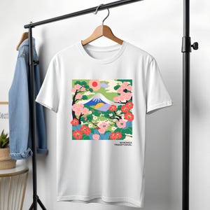 Japanese mountain and flower landscape, unisex t-shirt, landscape painting t-shirt, gift for nature lovers, mountains, flowers, sunrise
