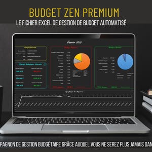 Peut inclure: Un ordinateur portable affichant une feuille de calcul avec des graphiques et des diagrammes. La feuille de calcul est intitulée "Budget Zen Premium" et le texte "LE FICHIER EXCEL DE GESTION DE BUDGET AUTOMATISÉ" est affiché au-dessus de la feuille de calcul. La feuille de calcul montre un budget pour janvier 2025. Le texte "VOTRE COMPAGNON DE GESTION BUDGÉTAIRE GRÂCE AUQUEL VOUS NE SEREZ PLUS JAMAIS DANS LE ROUGE" est affiché sous l'ordinateur portable.