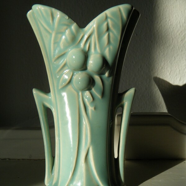 Vintage McCoy 1940s aqua green vase planter with cherries