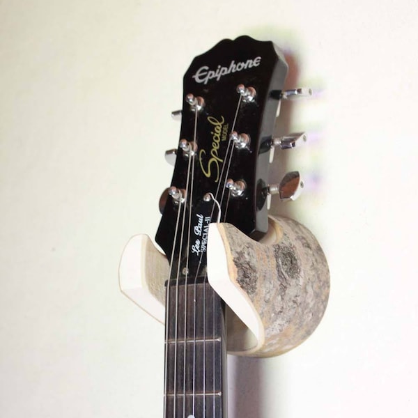 Log Guitar Hanger with Bark, Rustic Wall-Mounted Unique Guitar Gifts for Musician, Guitar Stand, 5th Anniversary, Banjo, Mandolin Accessory