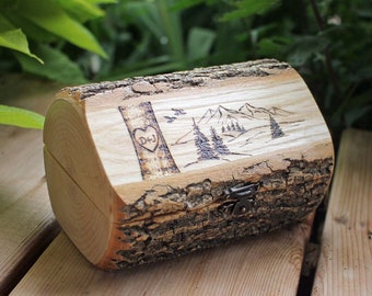 Hidden Log Ring Box with Burned Mountain Art and Names