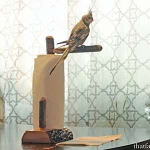 The Poopy Perch Paper Towel Holder and Pet Bird Trainer, Parrot Perch Toy Kitchen Organizer, Made from Natural Wood image 3