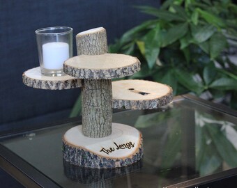 Personalized Rustic 3-Tiered Stand With Engraved / Customizable Base, Wood Table Decor Display, Wedding Table Centerpiece