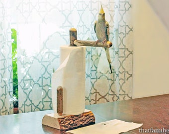 The "Poopy Perch" Paper Towel Holder and Pet Bird Trainer, Parrot Perch Toy Kitchen Organizer, Made from Natural Wood